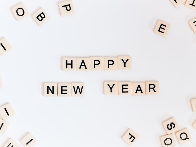 Happy New Year Happy New Year spelled out in Scrabble-like letter tiles